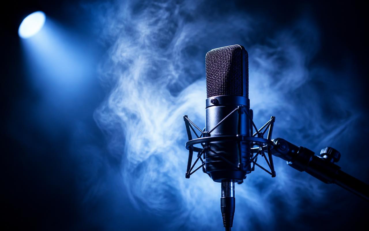 Studio microphone lit in blue